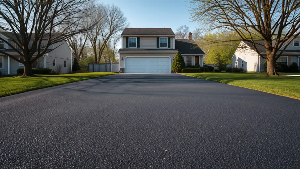 Newly paved asphalt driveway running from the street up to a two-car garage, with a clean edge against the lawn